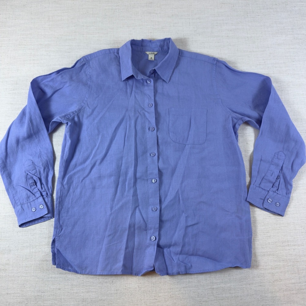 LL Bean Womens Medium Blue 100% Linen Long Sleeve Button Down Shirt Sz M 286899